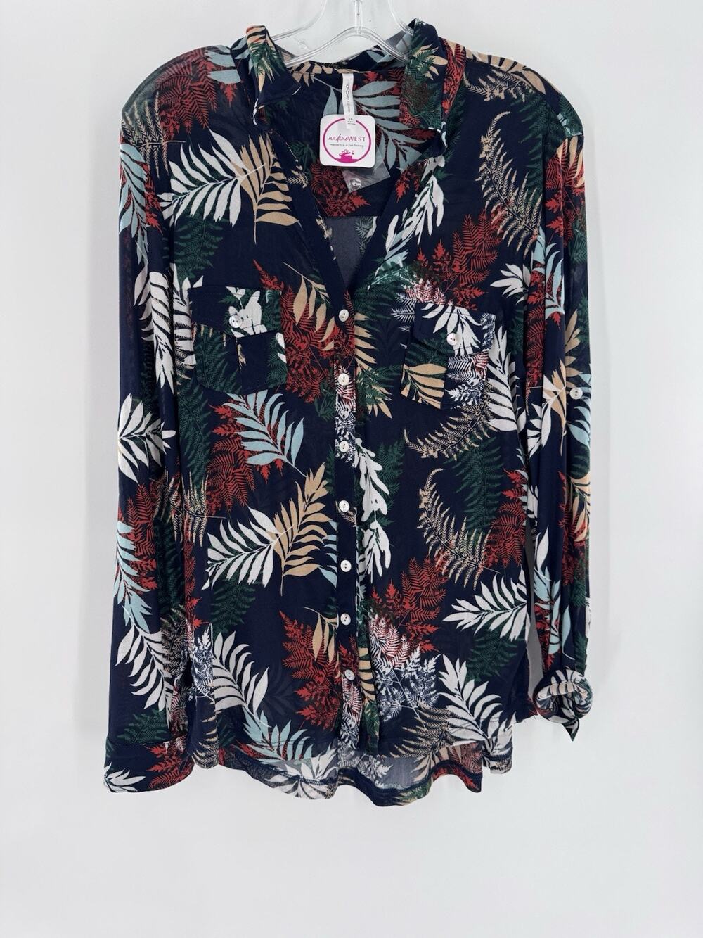 DNA Couture Blouse Plus Size 1X Palm Tree Artsy Office Career Resort Vacation